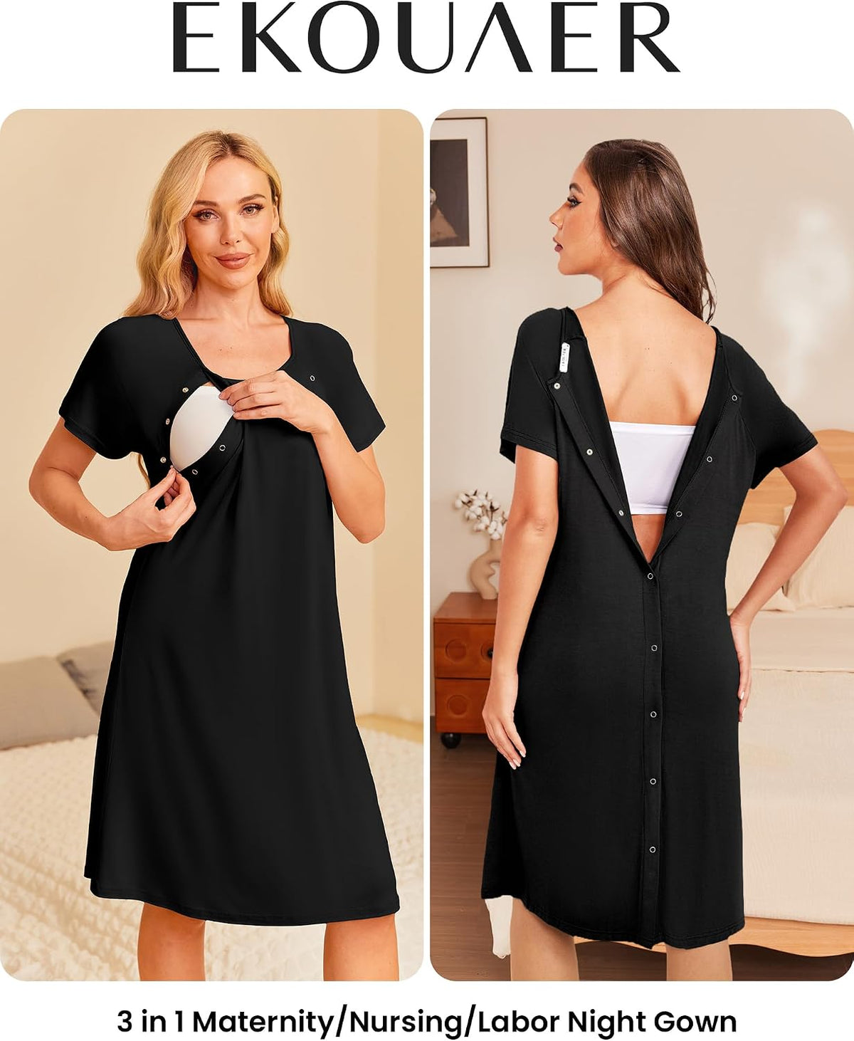 Ekouaer Women’s Nursing/Delivery/Labor/Hospital Nightdress Short Sleeve Maternity Nightgown with Button S-XXL