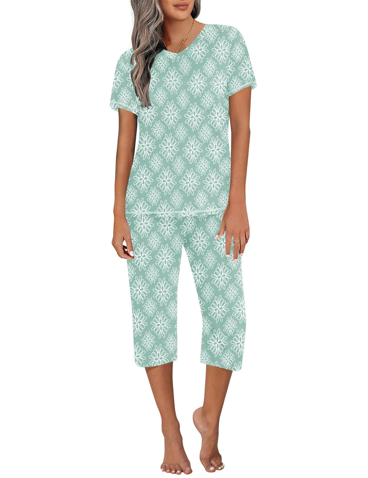 Ekouaer Women's Capri Pajama Sets Short Sleeve Two Piece Summer Lounge Sets