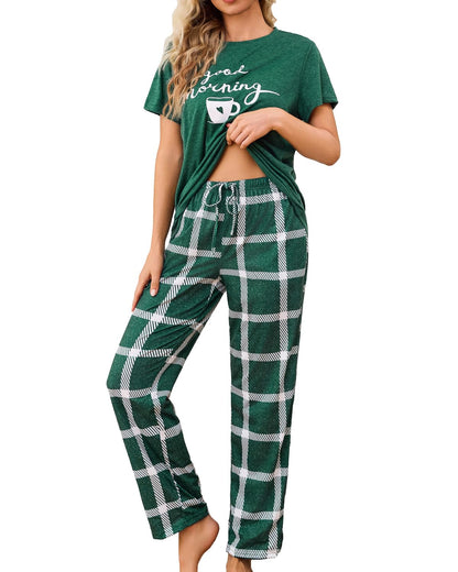 difficort Womens Pajama Sets Short Sleeve Long Pants Sleepwear with Pockets
