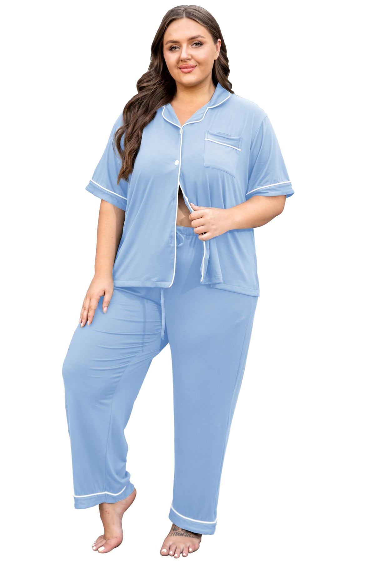 Vozanet Women's Plus Size Pajamas Button Down Shirt and Pants Soft Lounge Sets Bride Nighty Bottom with Pockets 1x to 5x