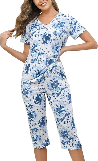Inadays Womens Pajama Sets Cotton Short Sleeve Top With Capri Pants Pjs