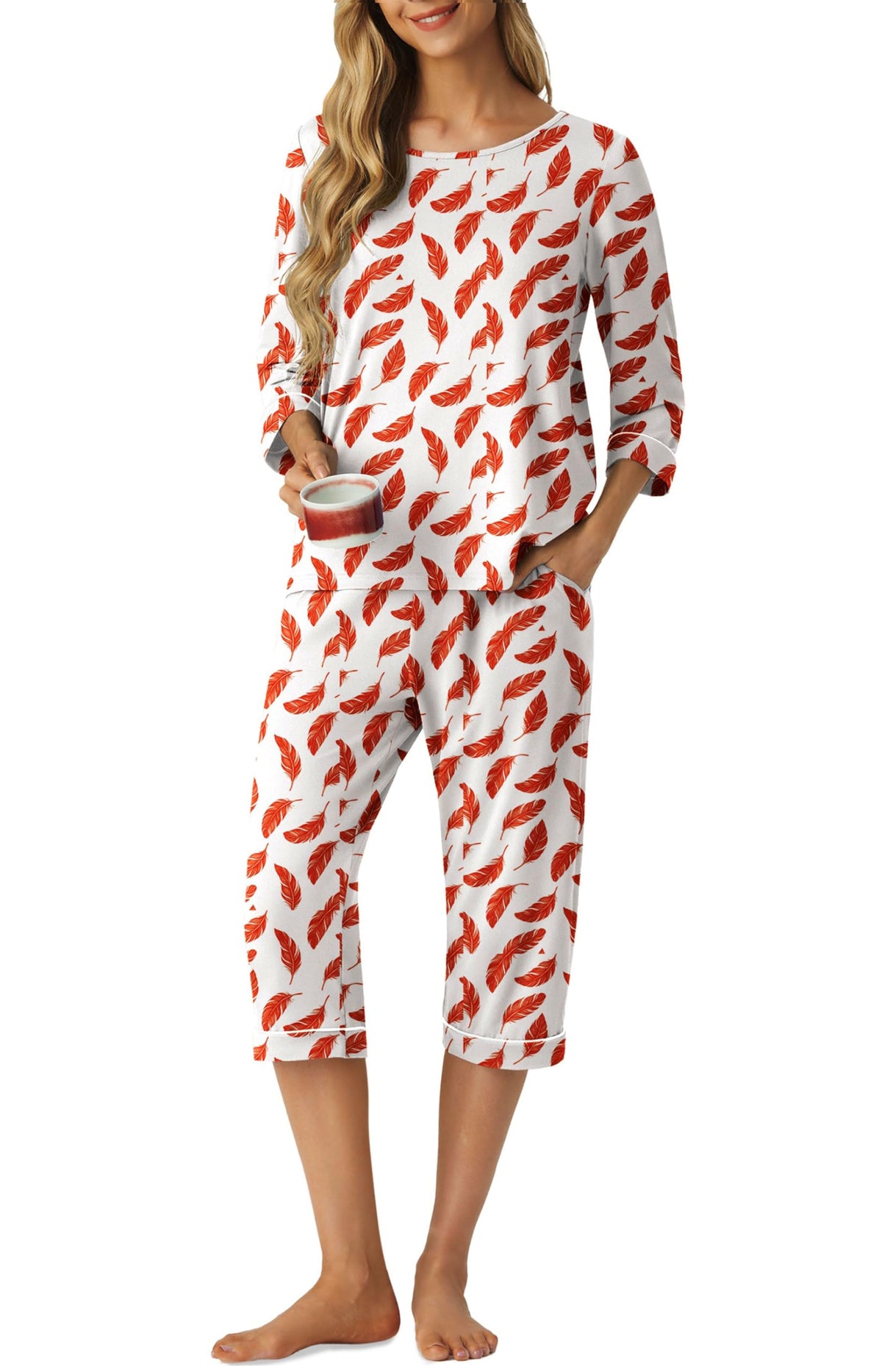 PrinStory Womens Pajama Sets Capri Pjs Soft Lounge Sets XS-4XL