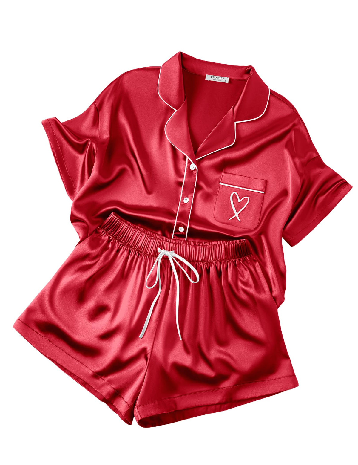 Ekouaer Womens Silk Satin Pajama Set, 2 Piece Heart Embroidery Short Sleeve Button Down Pjs Set for Bridal Party