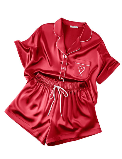 Ekouaer Womens Silk Satin Pajama Set, 2 Piece Heart Embroidery Short Sleeve Button Down Pjs Set for Bridal Party