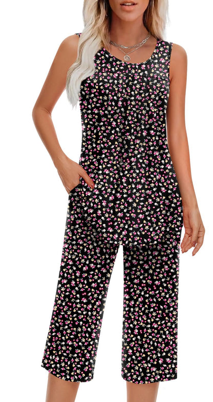 Findsweet Women Pajamas Sets Loungewear Soft Sleepwear Two Piece Summer Sleeveless Pjs Tank Top Pants with Pocket S-4XL