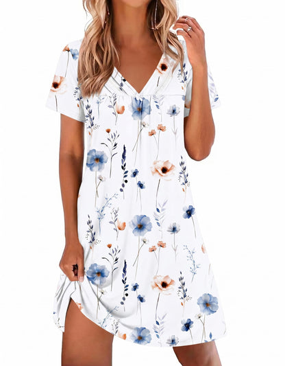 Ekouaer Nightgowns for Women V Neck Sleepshirt Short Sleeve Nightdress Lace Trim Night Gown House Dress with Pockets
