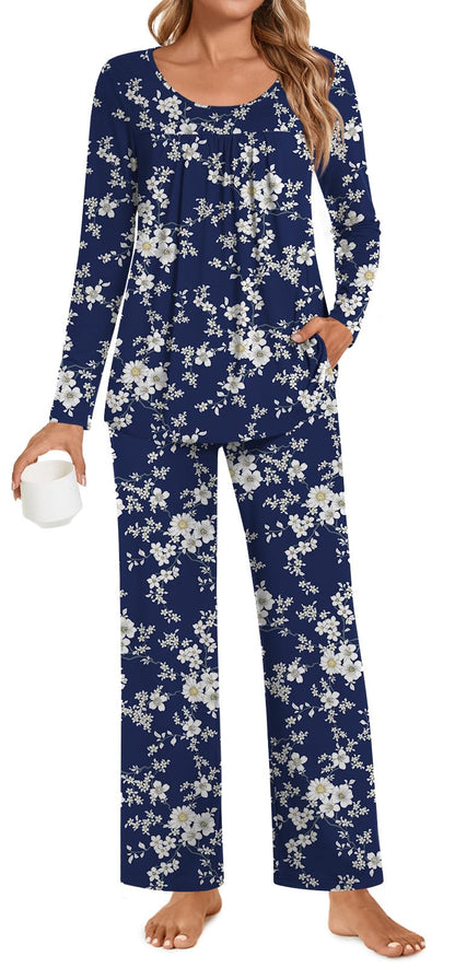 POPYOUNG Womens Pajama Set 2 Pieces Fall Pjs Comfy Sleepwear with Pockets