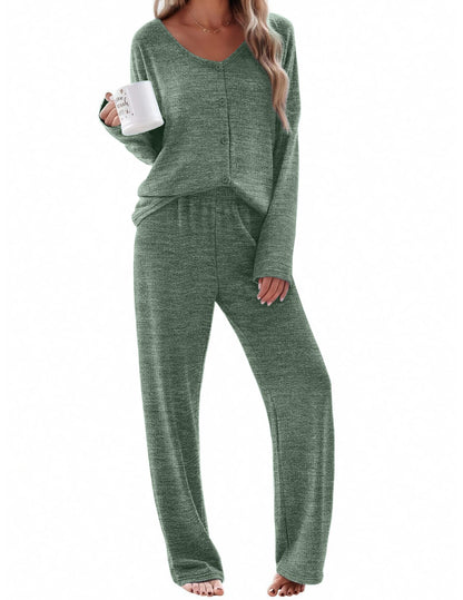 Ekouaer Womens Pajama Sets Button Up Long Sleeve Lounge Set Soft V Neck Pj