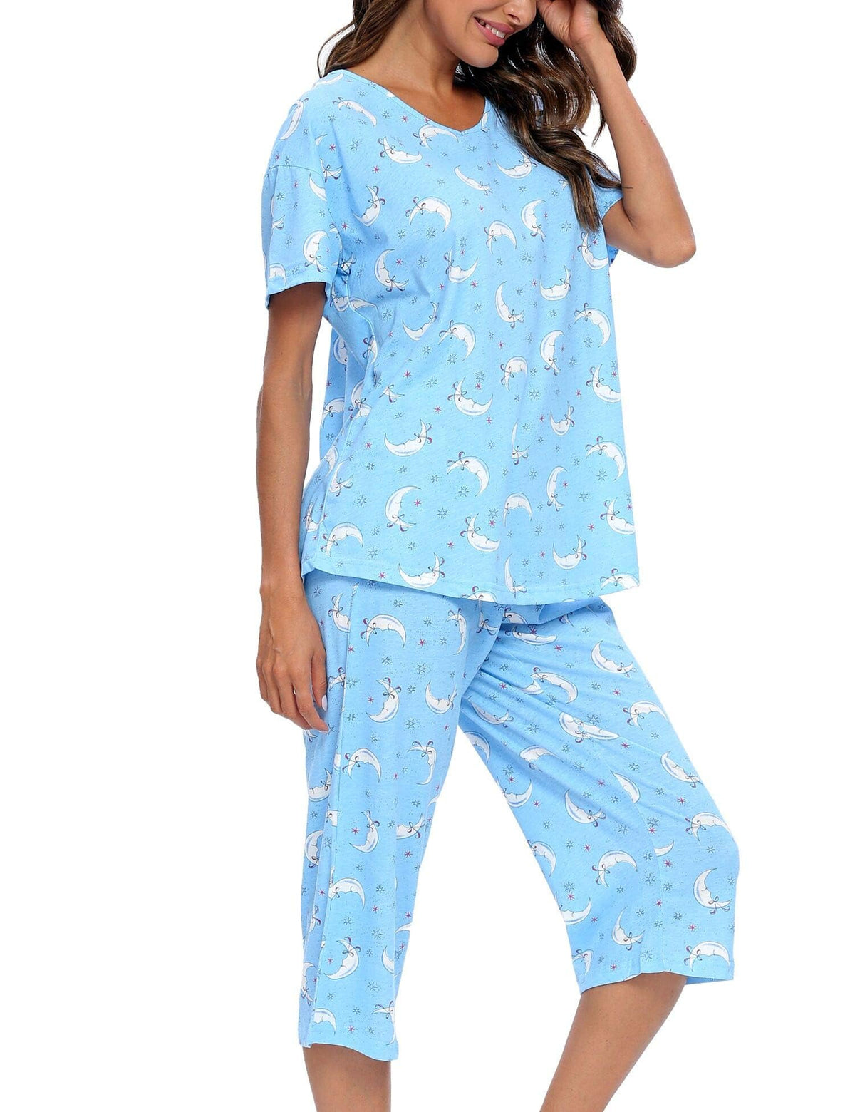 ENJOYNIGHT Womens Pajama Set Cotton Short Sleeve Top With Capri Pants Pj