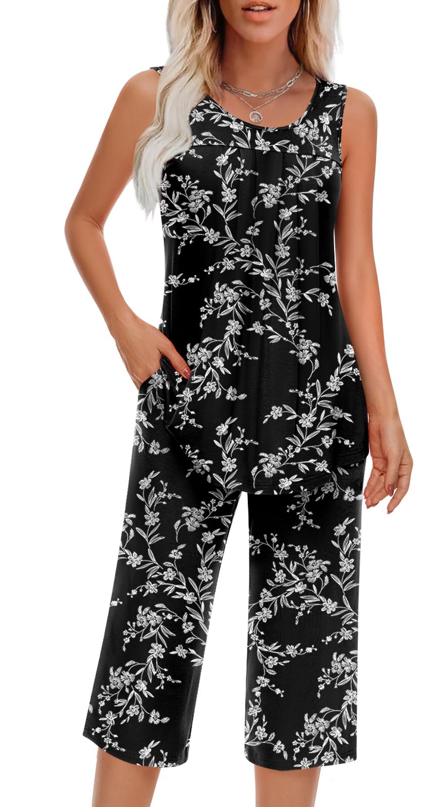 Findsweet Women Pajamas Sets Loungewear Soft Sleepwear Two Piece Summer Sleeveless Pjs Tank Top Pants with Pocket S-4XL