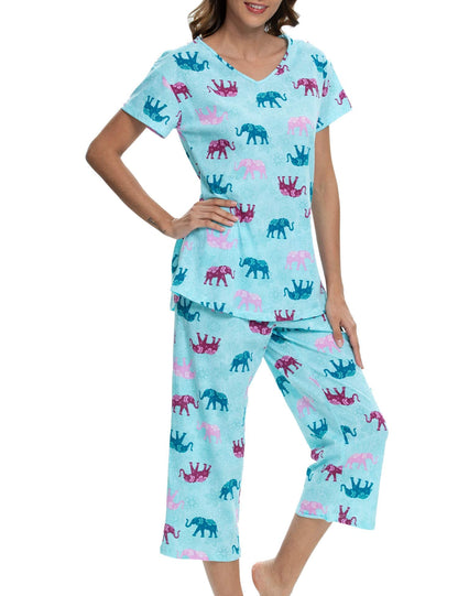 ENJOYNIGHT Womens Pajama Set Cotton Short Sleeve Top With Capri Pants Pj
