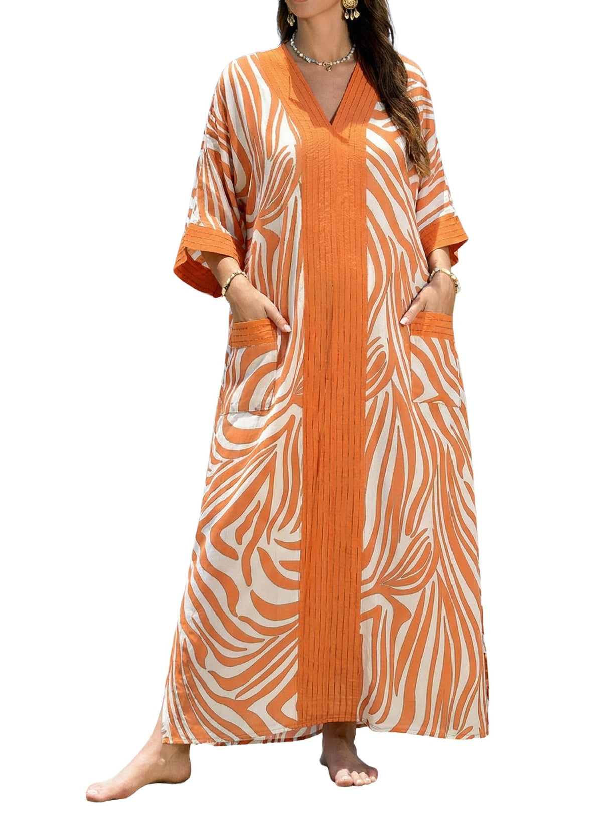 cthseie Women's Kaftan Dress Plus Size V-Neck Pocket Lightweight Swimwear Coverups Moomoo Nightgown Beach Loungewear