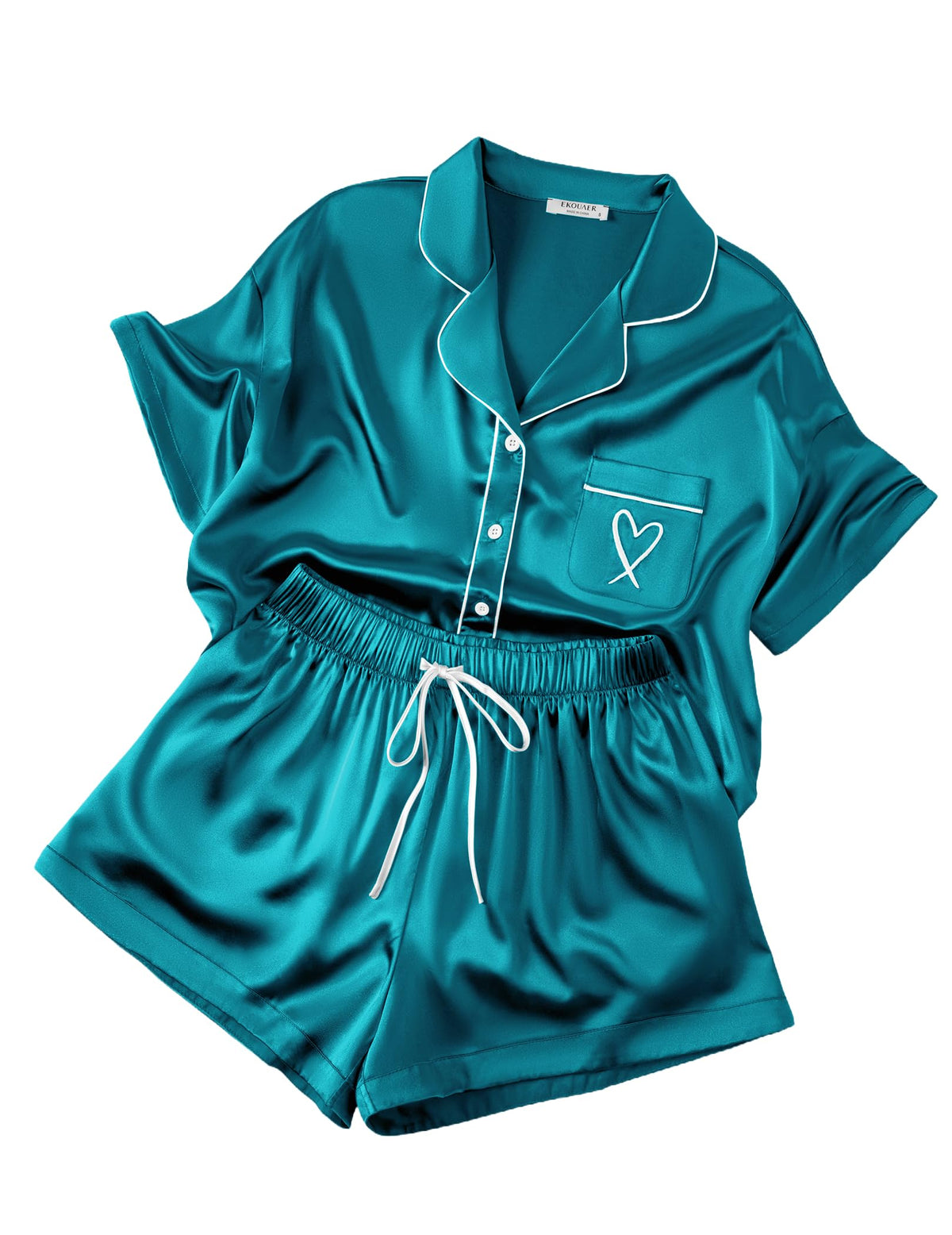 Ekouaer Womens Silk Satin Pajama Set, 2 Piece Heart Embroidery Short Sleeve Button Down Pjs Set for Bridal Party