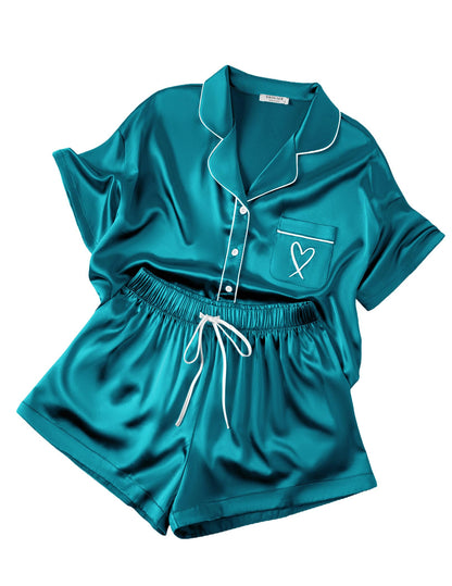 Ekouaer Womens Silk Satin Pajama Set, 2 Piece Heart Embroidery Short Sleeve Button Down Pjs Set for Bridal Party