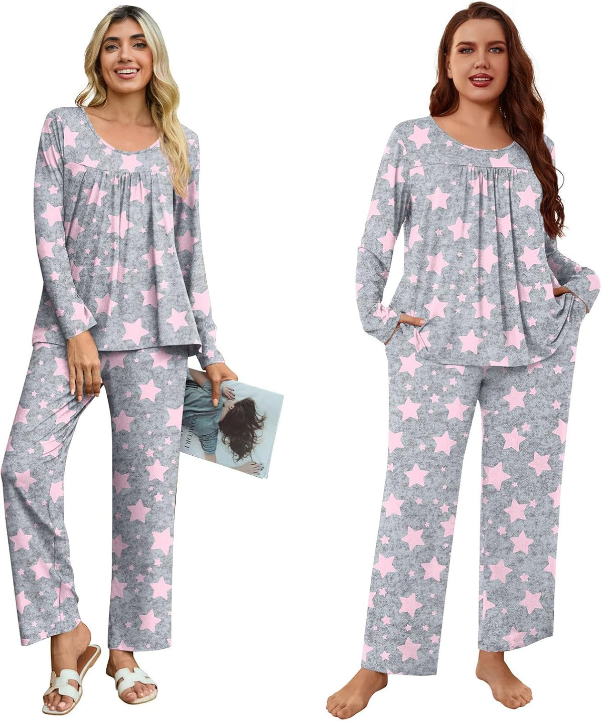 POPYOUNG Womens Pajama Set 2 Pieces Fall Pjs Comfy Sleepwear with Pockets