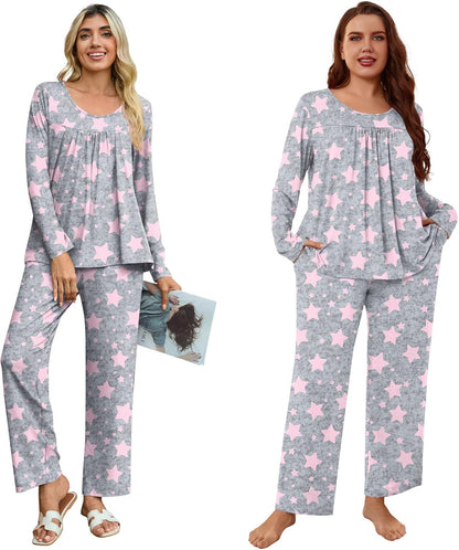 POPYOUNG Womens Pajama Set 2 Pieces Fall Pjs Comfy Sleepwear with Pockets