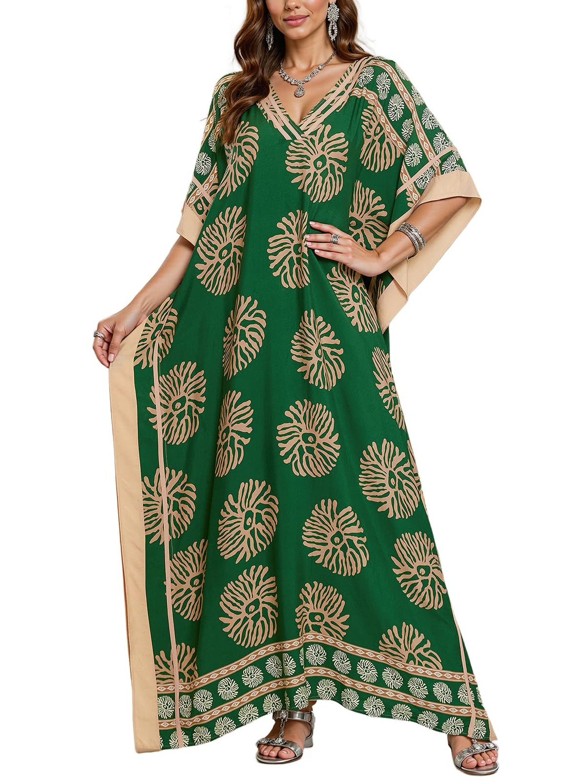 NFVNKJ Plus Size Mumu Dresses for Women - Boho Batwing Sleeve Caftan with Side Slits, Long Moo Moo Nightgown & Beach Cover Up