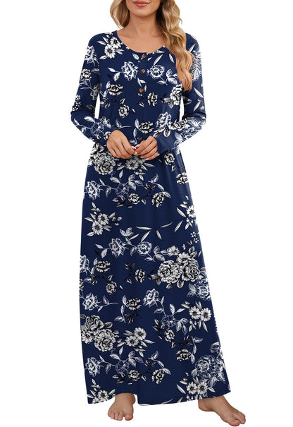 DouBCQ Nightgowns for Women Long Sleeve Button House Dress Soft Sleepwear