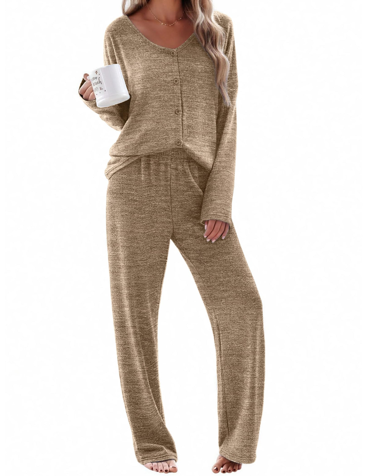 Ekouaer Womens Pajama Sets Button Up Long Sleeve Lounge Set Soft V Neck Pj