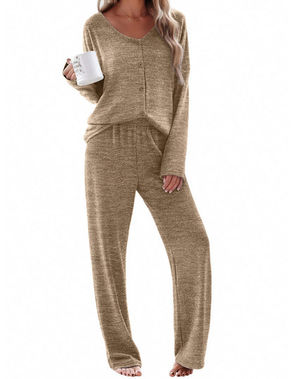 Ekouaer Womens Pajama Sets Button Up Long Sleeve Lounge Set Soft V Neck Pj