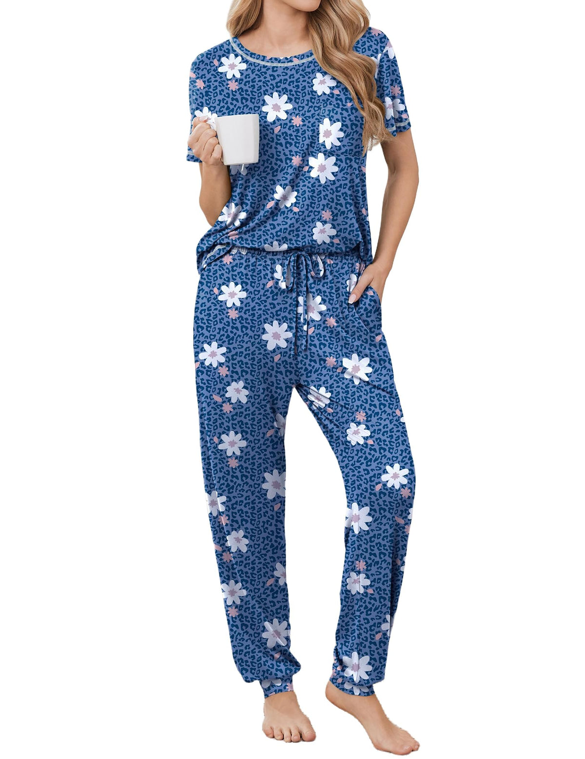 Ekouaer Womens Pajama Sets Short Sleeve Lounge Set 2 Piece Long Pants Pjs