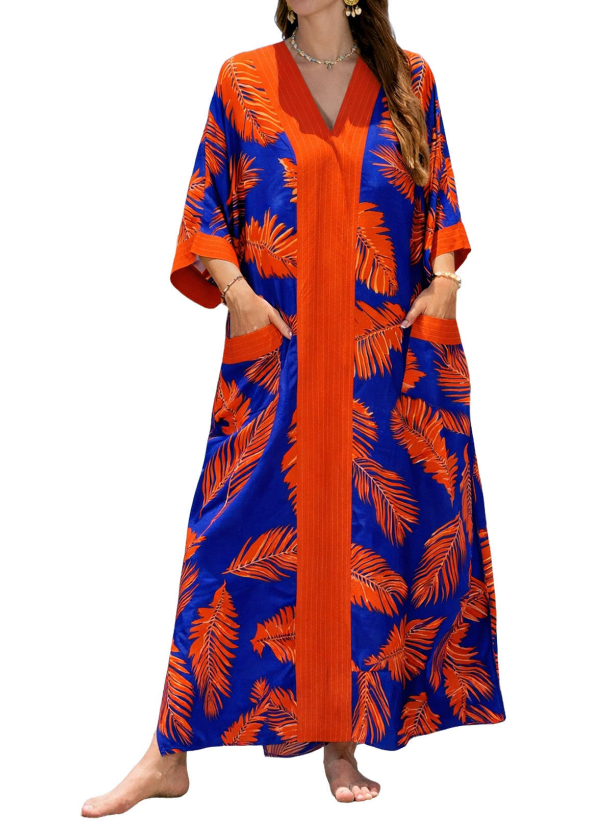 cthseie Women's Kaftan Dress Plus Size V-Neck Pocket Lightweight Swimwear Coverups Moomoo Nightgown Beach Loungewear
