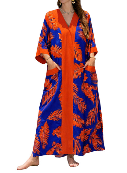 cthseie Women's Kaftan Dress Plus Size V-Neck Pocket Lightweight Swimwear Coverups Moomoo Nightgown Beach Loungewear