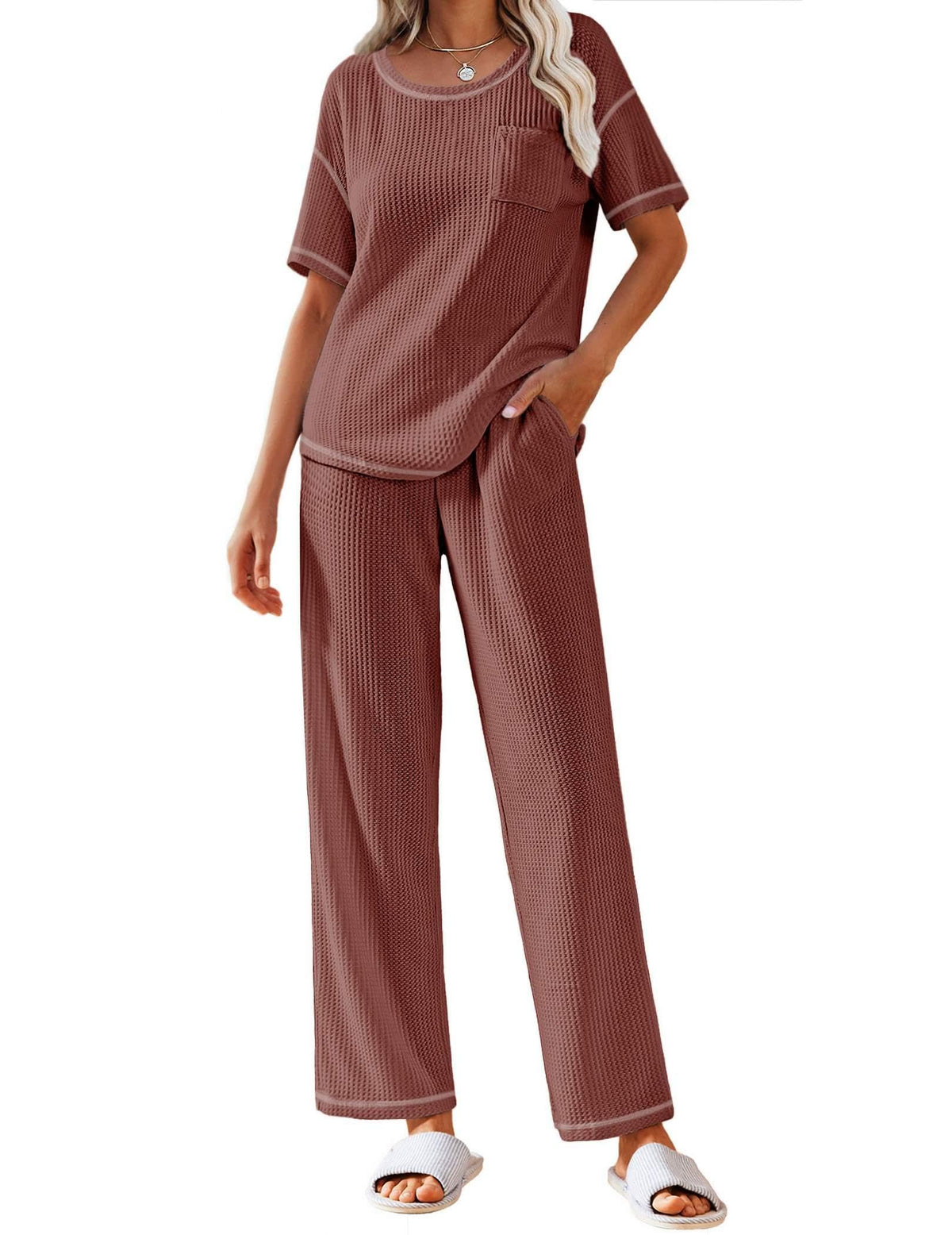 Ekouaer 2 Piece Summer Waffle Knit Lounge Sets For Women Short Sleeve Top and Long Pant Pajama Set Loungewear Pjs Set