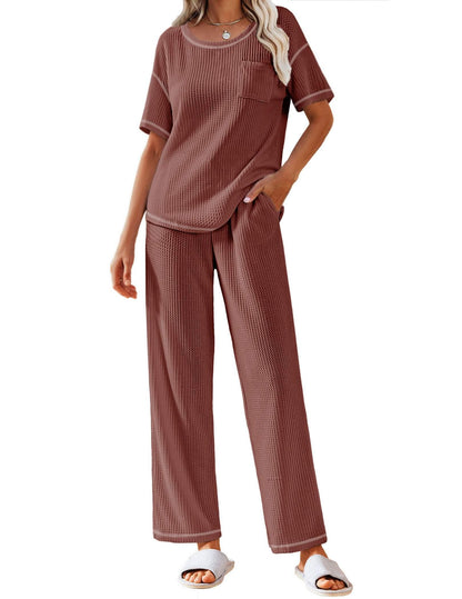 Ekouaer 2 Piece Summer Waffle Knit Lounge Sets For Women Short Sleeve Top and Long Pant Pajama Set Loungewear Pjs Set