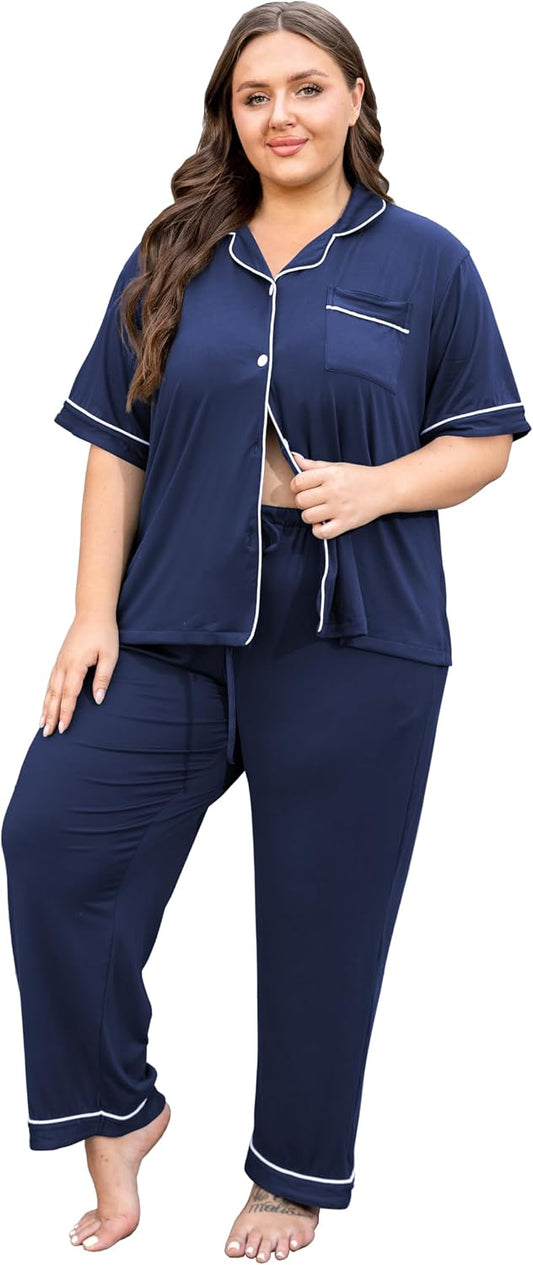 Vozanet Women's Plus Size Pajamas Button Down Shirt and Pants Soft Lounge Sets Bride Nighty Bottom with Pockets 1x to 5x
