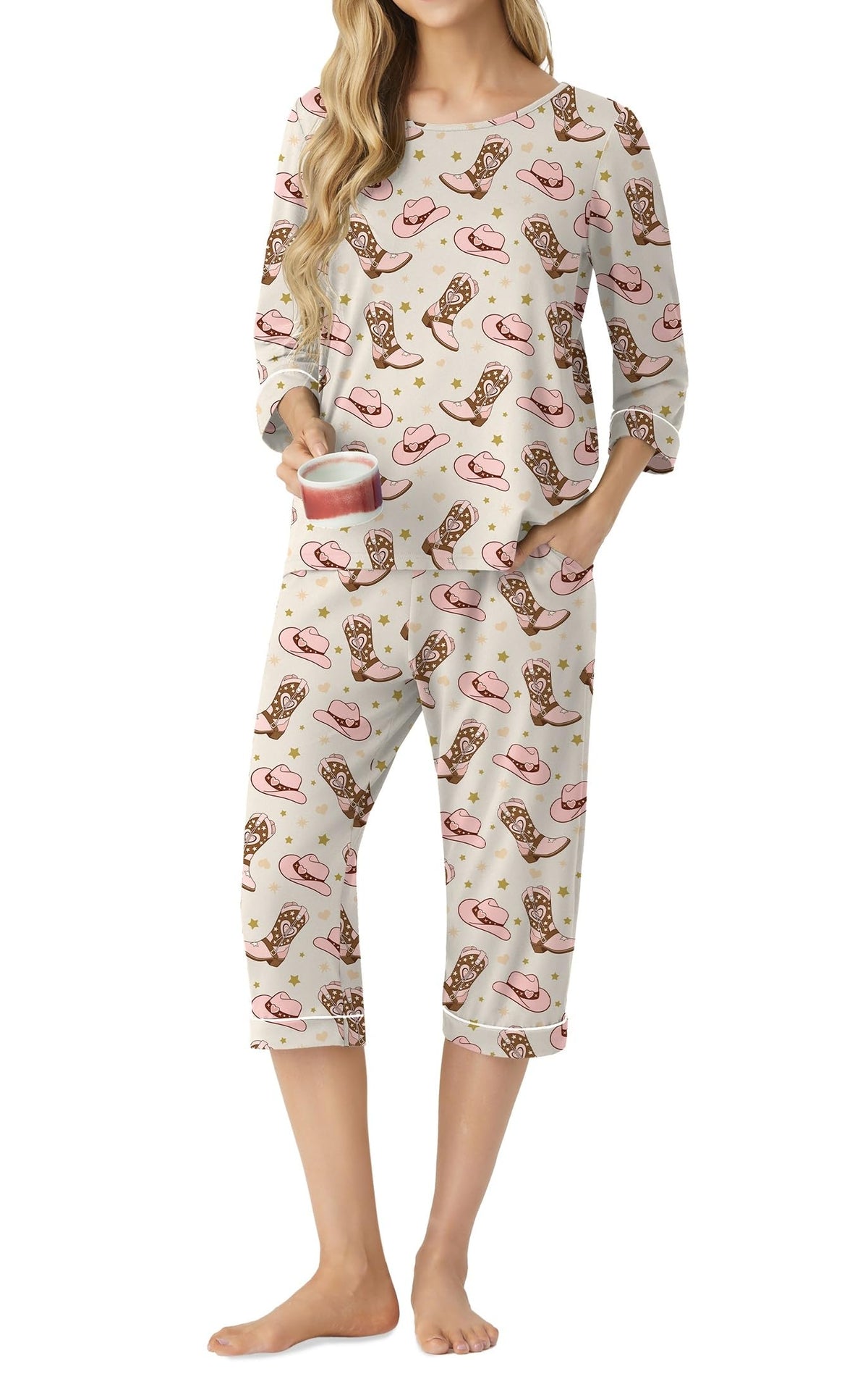 PrinStory Womens Pajama Sets Capri Pjs Soft Lounge Sets XS-4XL