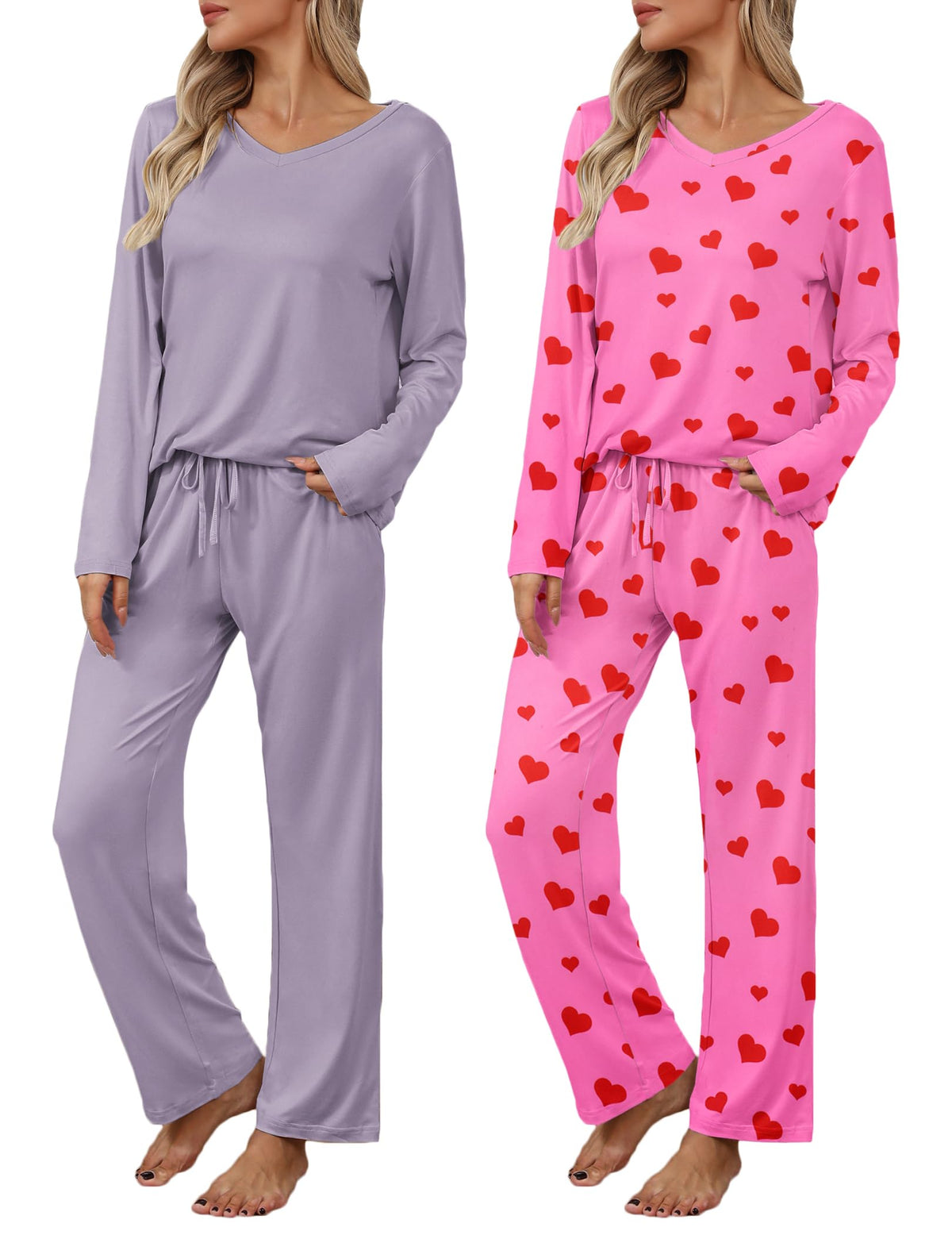 Ekouaer Women's 2 Pack Long Sleeve Pajama Sets V Neck Lounge Sets