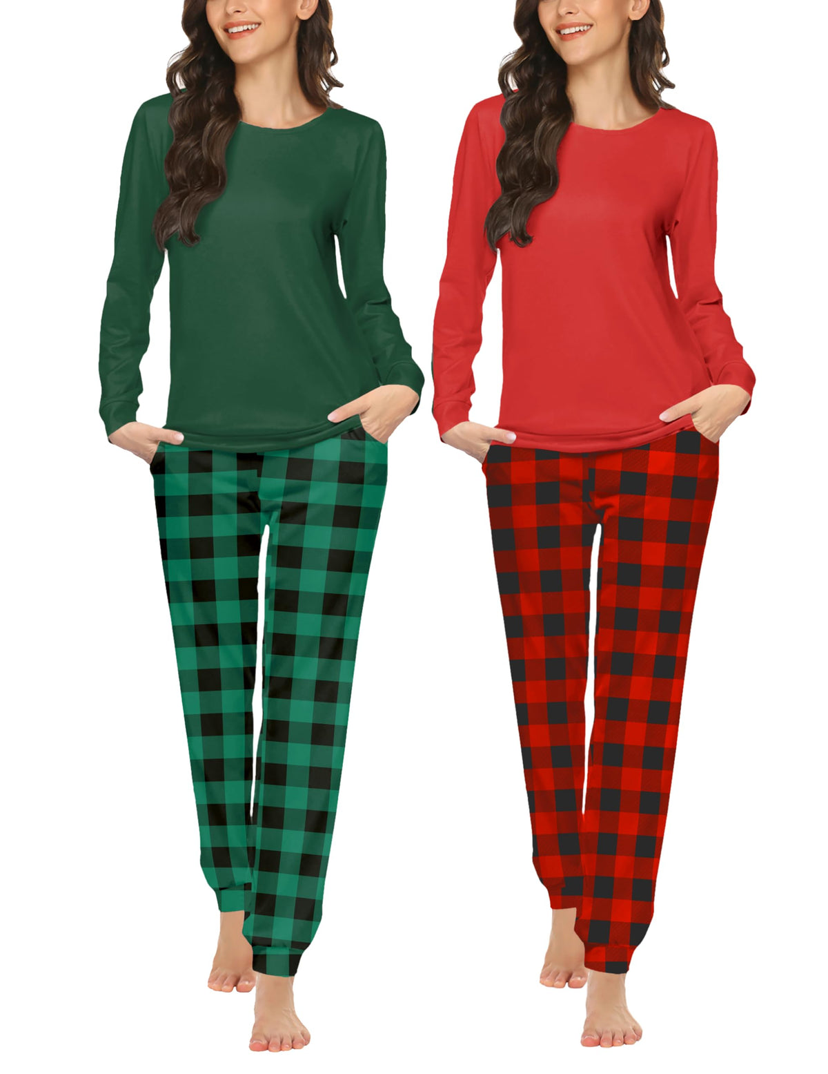 Ekouaer 2 Pack Pajama Sets for Women,Long Sleeve Top Jogger Pant Loungewear