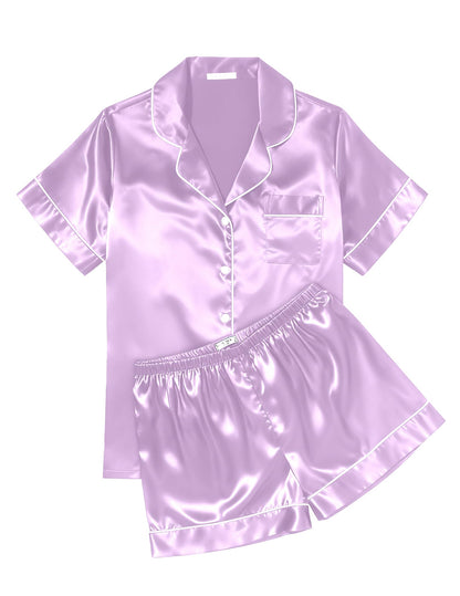 Ekouaer Womens Silk Satin Pajama Sets Soft Short Sleeve Button Up Sleepwear