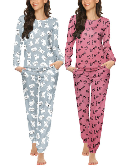 Ekouaer 2 Pack Pajama Sets for Women,Long Sleeve Top Jogger Pant Loungewear