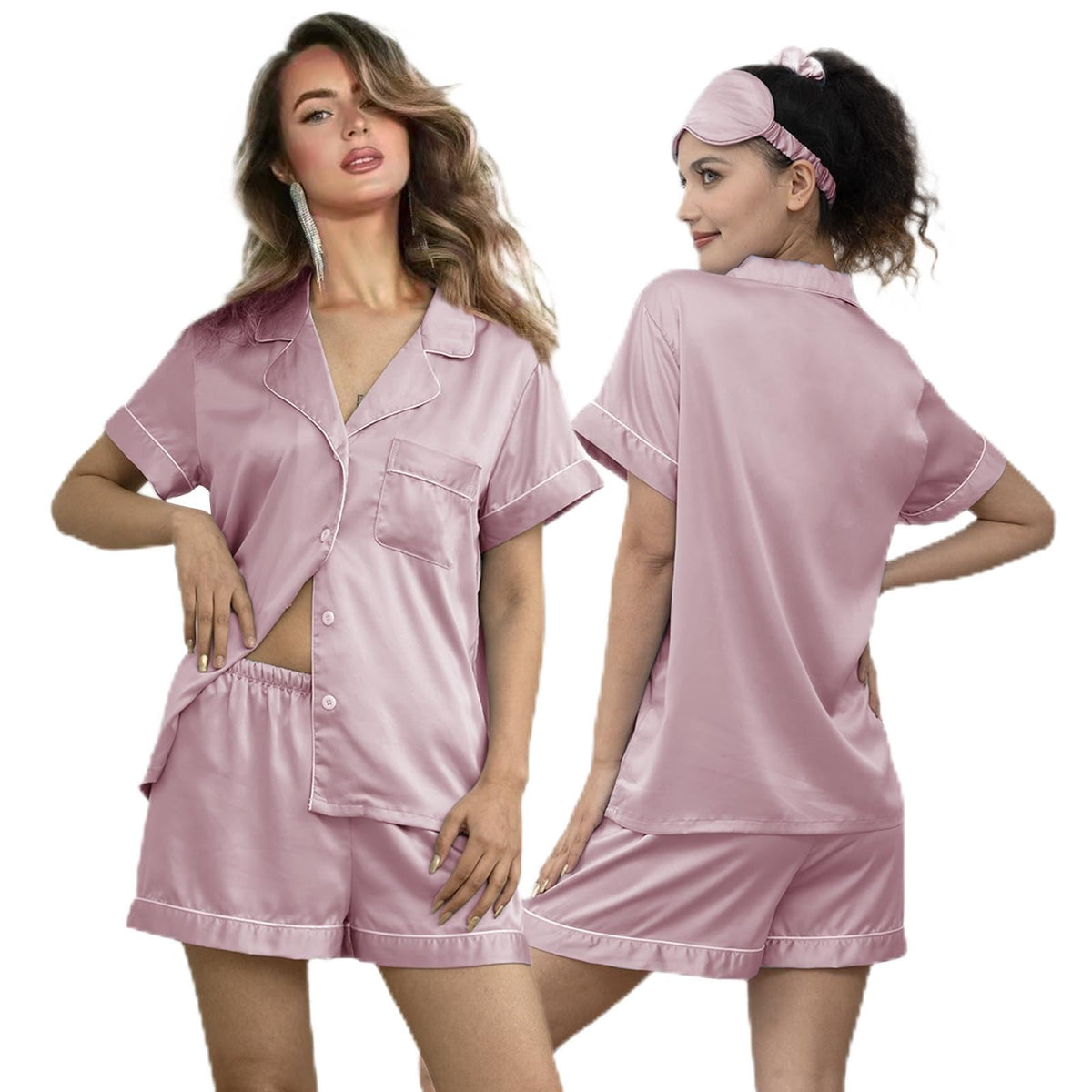 WJing Yi Jia 5Pcs Womens Soft Satin Pajama Set XS-4XL Button-Down Silk Pajamas Floral Sleepwear Bridal Pjs Lounge Pj Sets