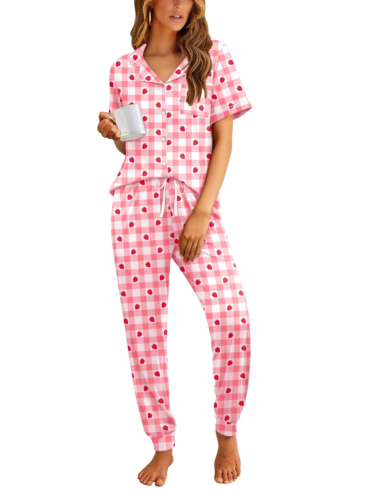 Ekouaer Women Pajama Set Short Sleeve Button Down Pjs with Jogger Pants