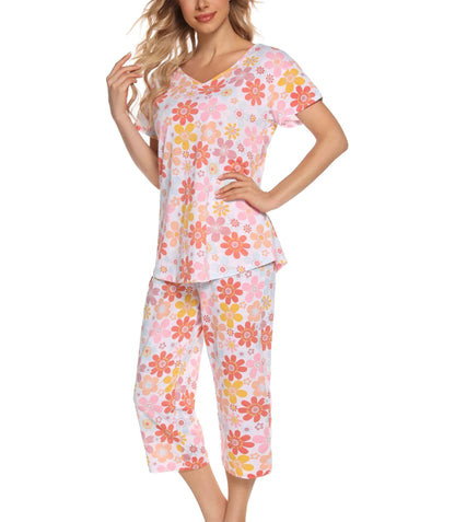 ENJOYNIGHT Womens Pajama Set Cotton Short Sleeve Top With Capri Pants Pj