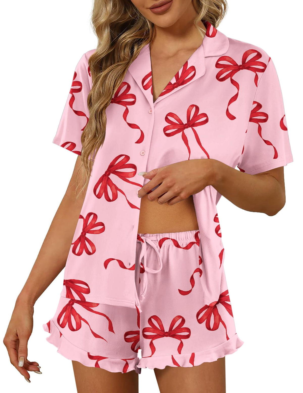 Ekouaer Pajamas Set for Women Short Sleeve Sleepwear Button Down Ruffle Pjs