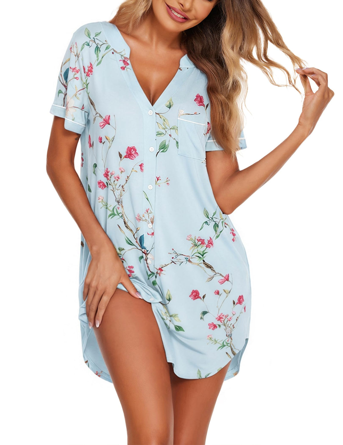 Ekouaer Nightgowns for Women Button Down Night Gown Short Sleeve Sleepshirt
