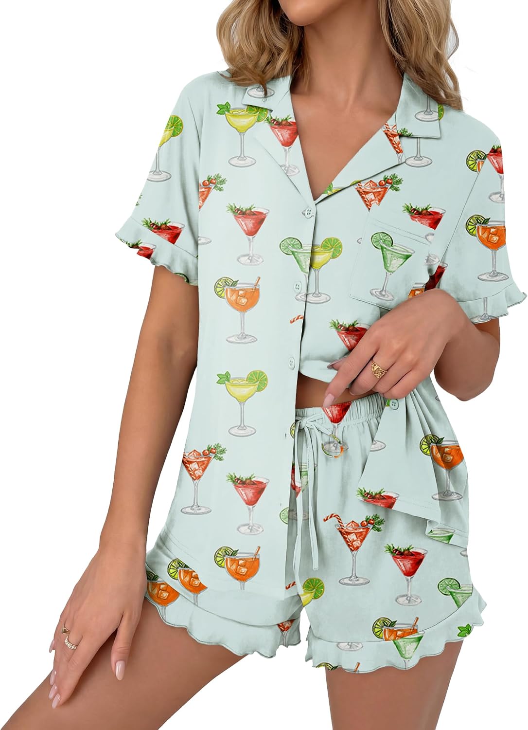 Ekouaer Pajamas Set for Women Button Down Pjs Lounge Sets Ruffle Sleepwear