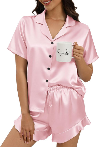 Silk Pajamas for Women Button Down 2 Piece Satin Pjs Shorts Set Ruffle Notch Collar Sleepwear Loungewear
