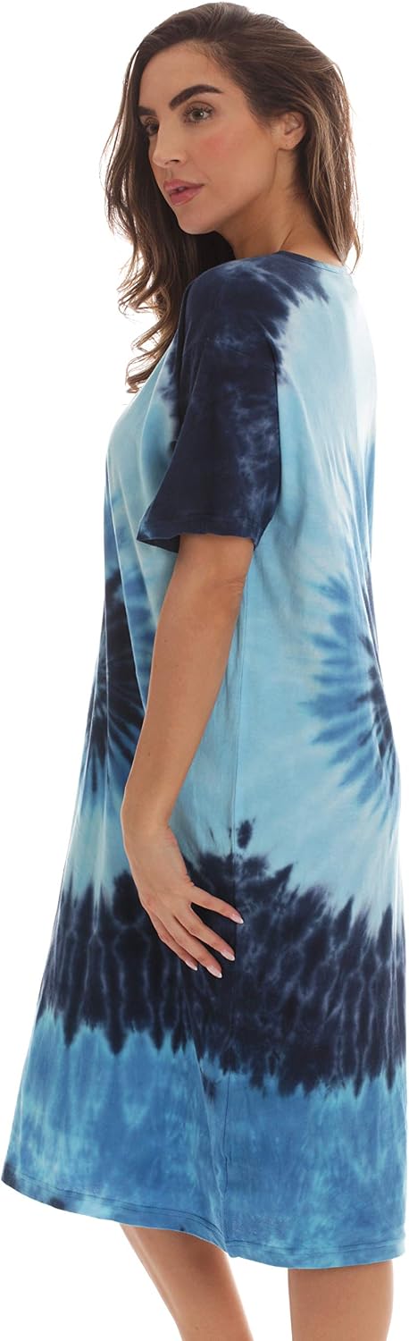 Just Love Women's Tie Dye Nightgown, 100% Cotton Short Sleeve Henley Sleep Shirt