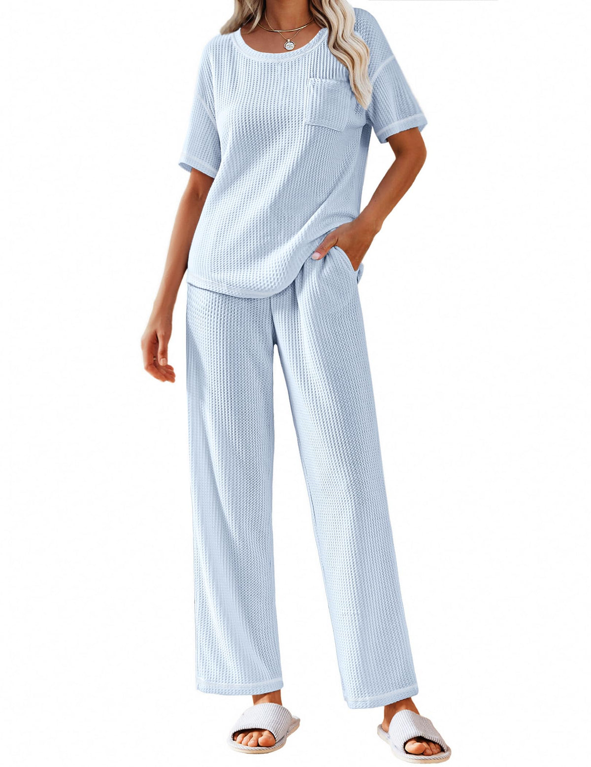 Ekouaer 2 Piece Summer Waffle Knit Lounge Sets For Women Short Sleeve Top and Long Pant Pajama Set Loungewear Pjs Set