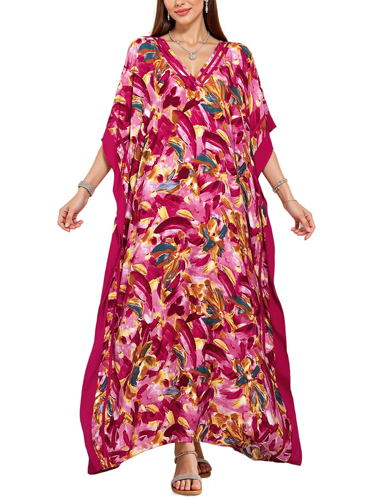 NFVNKJ Plus Size Mumu Dresses for Women - Boho Batwing Sleeve Caftan with Side Slits, Long Moo Moo Nightgown & Beach Cover Up