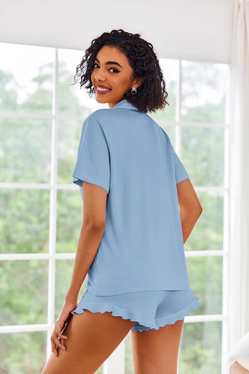 Ekouaer Pajamas Set for Women Short Sleeve Sleepwear Button Down Ruffle Pjs