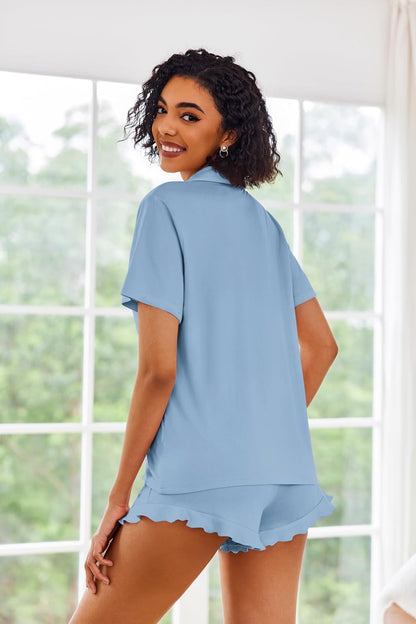 Ekouaer Pajamas Set for Women Short Sleeve Sleepwear Button Down Ruffle Pjs