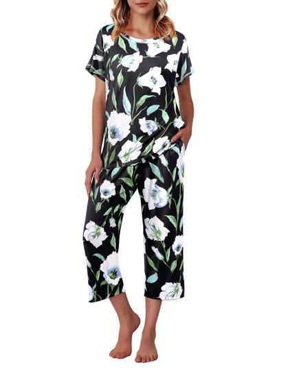 Ekouaer Womens Capri Pajama Sets Print Short Sleeve Sleepwear Top and Pants