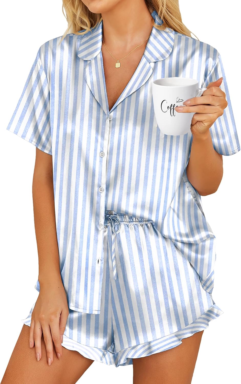 HOTOUCH Womens Satin Pajamas Set Button Down 2 Piece Ruffle Shorts Set