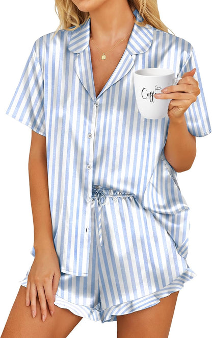 HOTOUCH Womens Satin Pajamas Set Button Down 2 Piece Ruffle Shorts Set